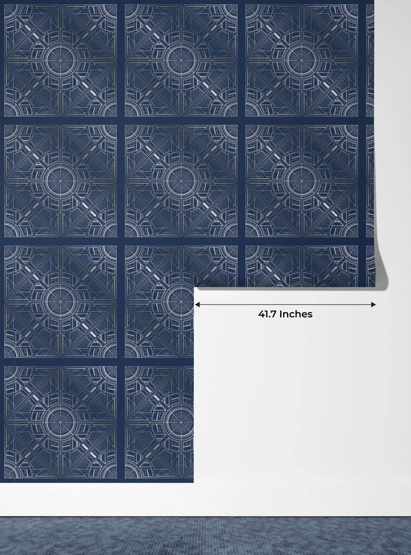 Silver Art Deco Wallpaper, Dark Blue Background Mural, Oversized Custom Size Wall Art, Non-Woven, Non-Adhesive, Modern Wall Paper, Removable