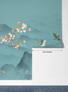 Blue Chinoiserie Wallpaper, Tree and Birds Mural, Oversized Custom Size Wall Art, Non-Woven, Non-Adhesive, Modern Wall Paper, Removable