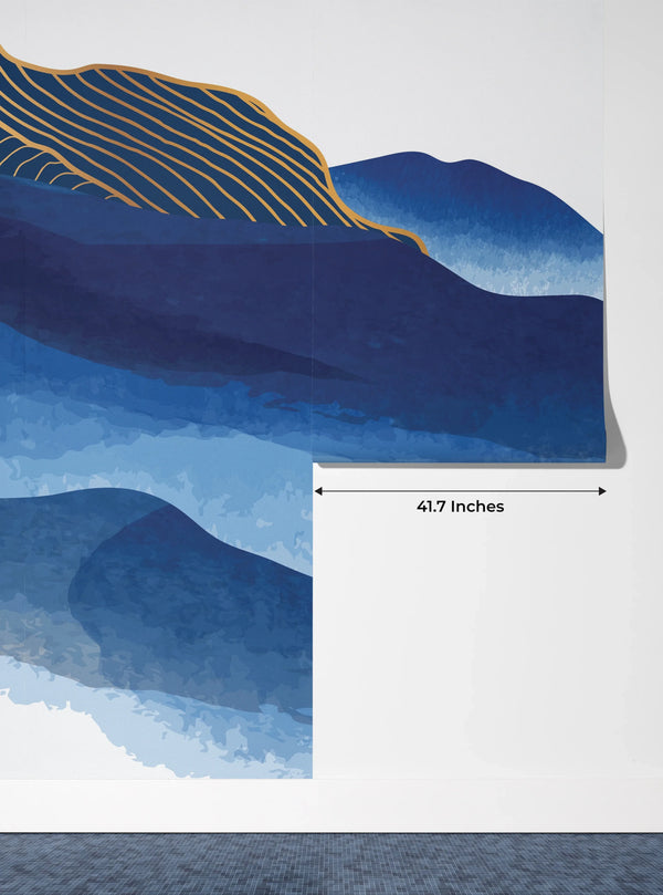 Blue Mountain Wallpaper, Golden Lines Mural, Oversized Custom Size Wall Art, Non-Woven, Non-Adhesive, Modern Wall Paper, Removable