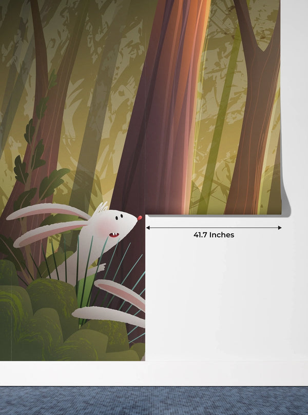 Cute Wild Forest Wallpaper, Wolf and Bunnies Mural, Oversized Custom Size Wall Art, Non-Woven, Non-Adhesive, Modern Wall Paper, Removable