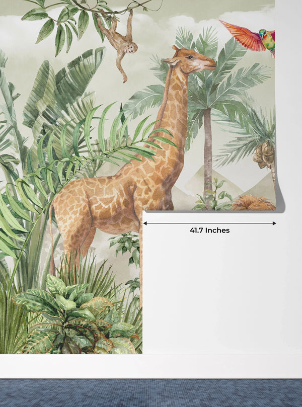 Safari Wildlife Wallpaper, Tropical Animals Mural, Oversized Custom Size Wall Art, Non-Woven, Non-Adhesive, Modern Wall Paper, Removable