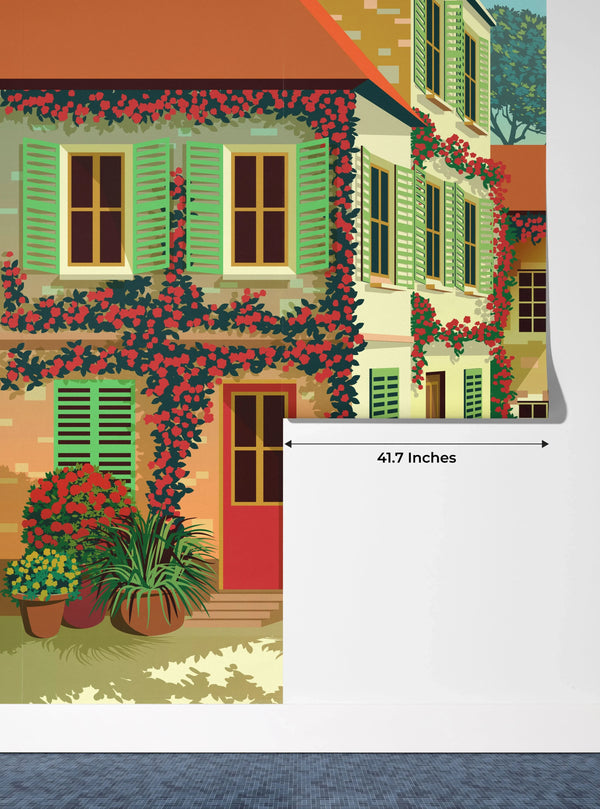 Village Square Wallpaper, Traditional Houses Mural, Oversized Custom Size Wall Art, Non-Woven, Non-Adhesive, Modern Wall Paper, Removable