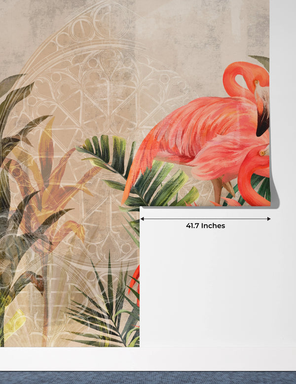 Pink Flamingos Wallpaper, Tropical Plants Mural, Oversized Custom Size Wall Art, Non-Woven, Non-Adhesive, Modern Wall Paper, Removable