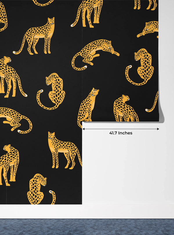 Leopards, Black Background Wallpaper, Seamless Pattern Mural, Oversized Custom Size Wall Art, Non-Woven, Non-Adhesive, Modern Wall Paper, Removable