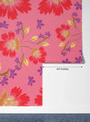 Colorful Floral, Pink Background Wallpaper, Seamless Pattern Mural, Oversized Custom Size Wall Art, Non-Woven, Non-Adhesive, Modern Wall Paper, Removable
