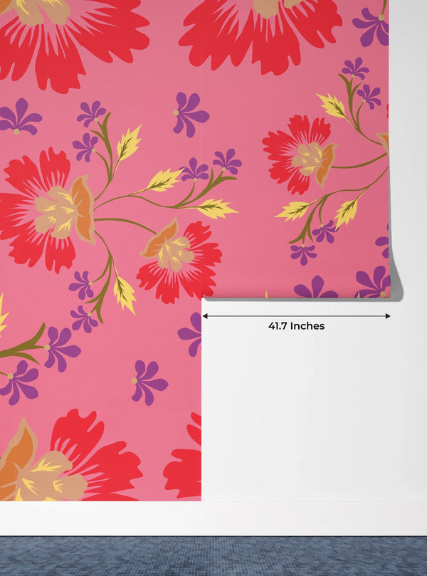 Colorful Floral, Pink Background Wallpaper, Seamless Pattern Mural, Oversized Custom Size Wall Art, Non-Woven, Non-Adhesive, Modern Wall Paper, Removable