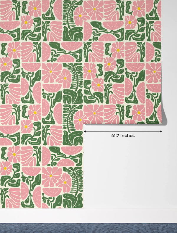 Abstract Geometric Floral Wallpaper, Seamless Pattern Mural, Oversized Custom Size Wall Art, Non-Woven, Non-Adhesive, Modern Wall Paper, Removable