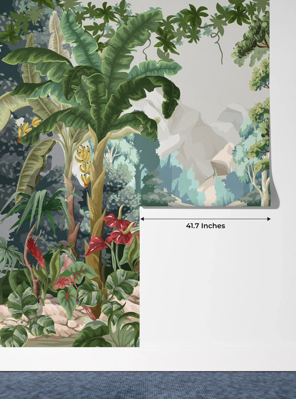 Jungle Wallpaper, Tropical Plants Mural, Oversized Custom Size Wall Art, Non-Woven, Non-Adhesive, Modern Wall Paper, Removable