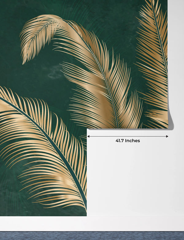 Golden Palm Leaves Wallpaper, Luxury Dark Green Art Background Mural, Oversized Custom Size Wall Art, Non-Woven, Non-Adhesive, Modern Wall Paper, Removable