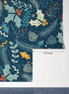 Leaves and Berries, Dark Blue Background Wallpaper, Seamless Pattern Mural, Oversized Custom Size Wall Art, Non-Woven, Non-Adhesive, Modern Wall Paper, Removable