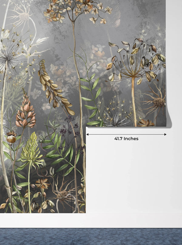 Dried Flowers Wallpaper, Grey Background Mural, Oversized Custom Size Wall Art, Non-Woven, Non-Adhesive, Modern Wall Paper, Removable