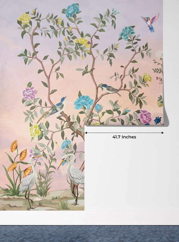 Chinoiserie Wallpaper, Floral Trees Mural, Oversized Custom Size Wall Art, Non-Woven, Non-Adhesive, Modern Wall Paper, Removable