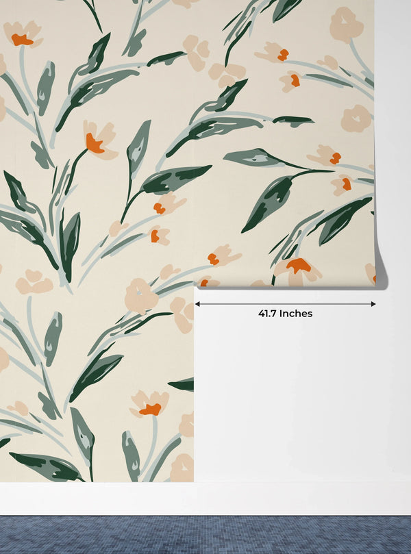 Abstract Floral, Beige Background Wallpaper, Seamless Pattern Mural, Oversized Custom Size Wall Art, Non-Woven, Non-Adhesive, Modern Wall Paper, Removable