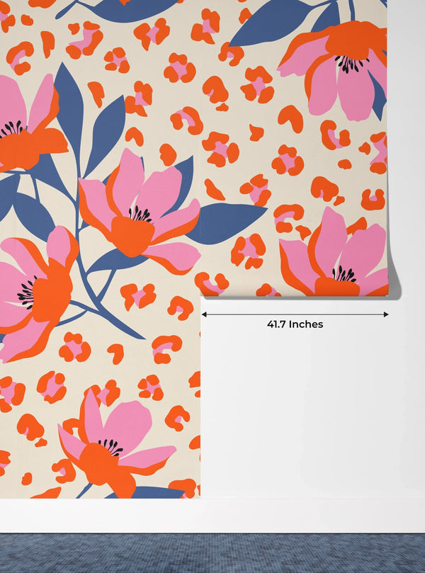 Exotic Flowers, Leopard Background Wallpaper, Seamless Pattern Mural, Oversized Custom Size Wall Art, Non-Woven, Non-Adhesive, Modern Wall Paper, Removable