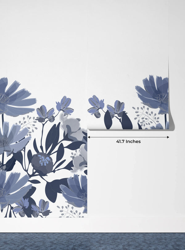Dark Blue Floral Wallpaper, Seamless Pattern Mural, Oversized Custom Size Wall Art, Non-Woven, Non-Adhesive, Modern Wall Paper, Removable