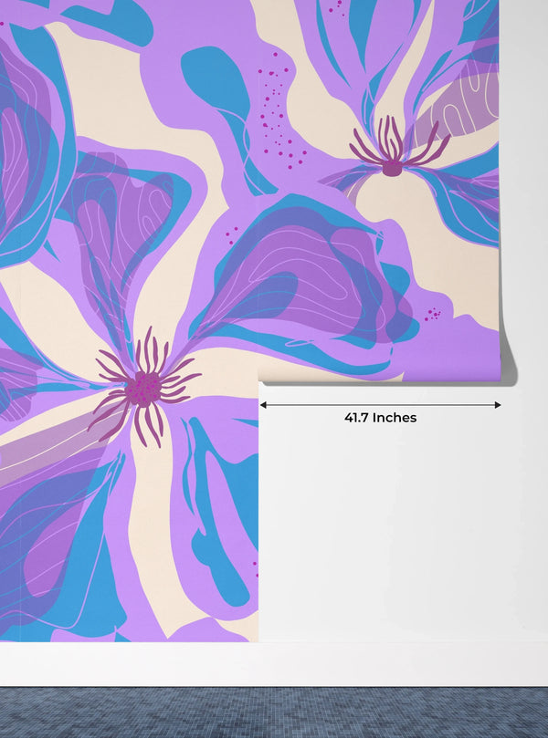 Abstract Purple Flowers Wallpaper, Seamless Pattern Mural, Oversized Custom Size Wall Art, Non-Woven, Non-Adhesive, Modern Wall Paper, Removable