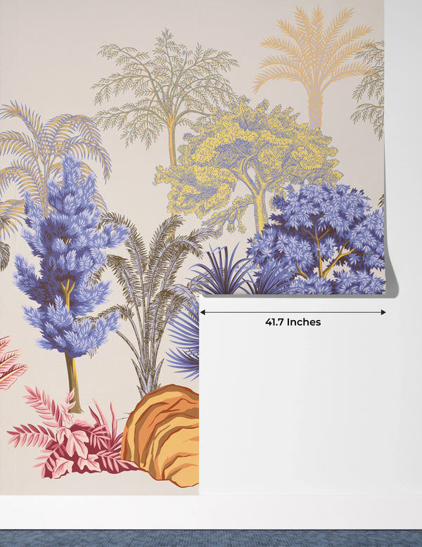 Tropical Vintage Landscape Wallpaper, Trees Wall Mural, Oversized Custom Size Wall Art, Non-Woven, Non-Adhesive, Modern Wall Paper, Removable