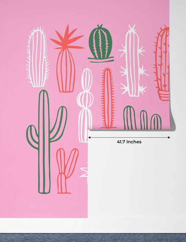 Hand Drawn Cactus Wallpaper, Pink Background Mural, Oversized Custom Size Wall Art, Non-Woven, Non-Adhesive, Modern Wall Paper, Removable