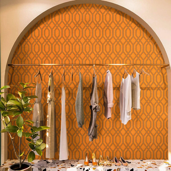 Geometric Wallpaper, 3D Embossed Modern Flocked Wallcovering, Orange, Silver Fabric Touch Contemporary Washable, Extra Large 177 sq ft Roll - Adawall Wallpaper - Registered Trade Accounts Only, Wallpaper Wholesale Account - 1502-4 - Adawall Wholesale - Wallpaper Wholesaler