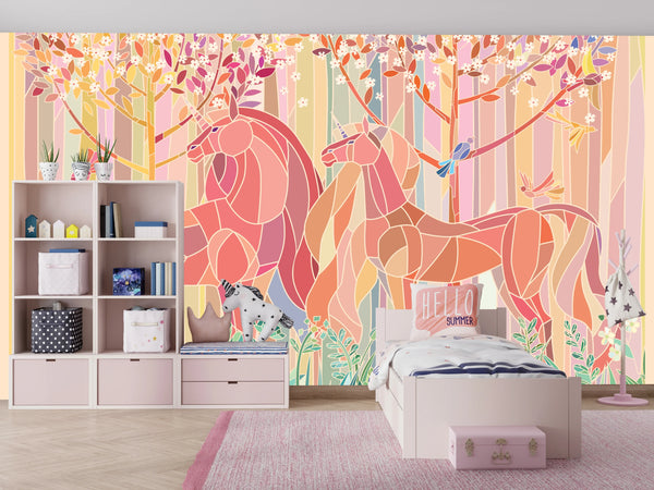 Stained Glass Unicorns Wallpaper, Spring Forest Mural, Oversized Custom Size Wall Art, Non-Woven, Non-Adhesive, Modern Wall Paper, Removable