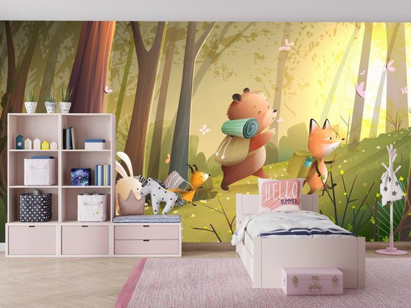 Cute Wild Forest Wallpaper, Animals Mural, Oversized Custom Size Wall Art, Non-Woven, Non-Adhesive, Modern Wall Paper, Removable