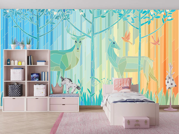 Stained Glass Deers Wallpaper, Spring Forest Mural, Oversized Custom Size Wall Art, Non-Woven, Non-Adhesive, Modern Wall Paper, Removable