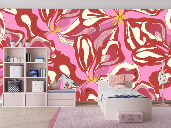 Abstract Red Flowers Wallpaper, Seamless Pattern Mural, Oversized Custom Size Wall Art, Non-Woven, Non-Adhesive, Modern Wall Paper, Removable