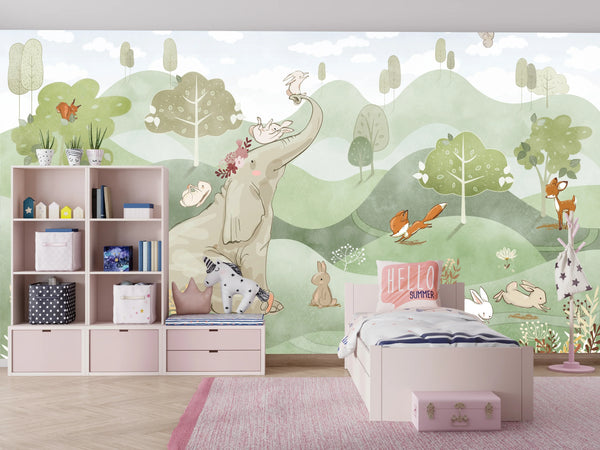 Forest Animals Wallpaper, Woodland Summer Mural, Oversized Custom Size Wall Art, Non-Woven, Non-Adhesive, Modern Wall Paper, Removable