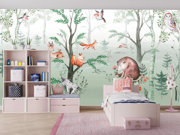 Cute Animals Wallpaper, Kids Mural, Oversized Custom Size Wall Art, Non-Woven, Non-Adhesive, Modern Wall Paper, Removable
