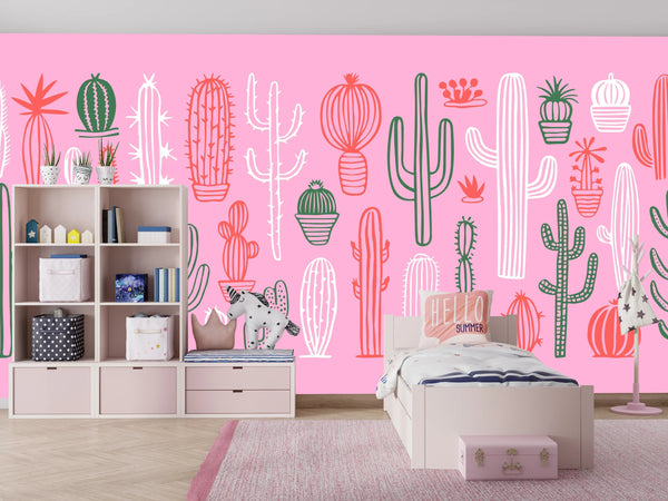 Hand Drawn Cactus Wallpaper, Pink Background Mural, Oversized Custom Size Wall Art, Non-Woven, Non-Adhesive, Modern Wall Paper, Removable