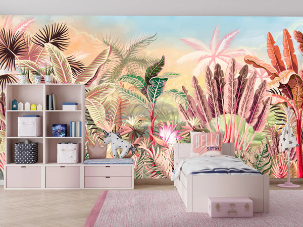 Tropical Forest Wallpaper, Leaves and Trees Mural, Oversized Custom Size Wall Art, Non-Woven, Non-Adhesive, Modern Wall Paper, Removable