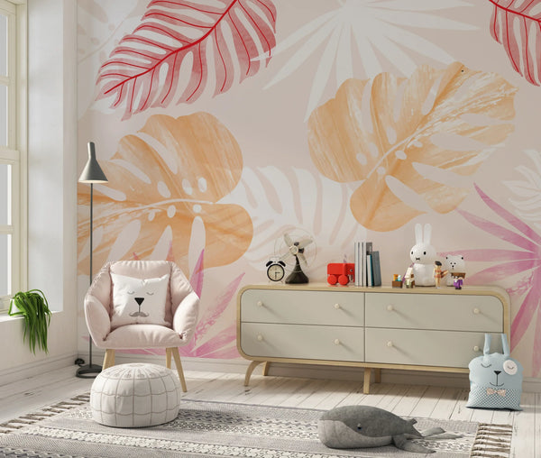 Tropical Art Wallpaper, Colorful Leaves Mural, Oversized Custom Size Wall Art, Non-Woven, Non-Adhesive, Modern Wall Paper, Removable