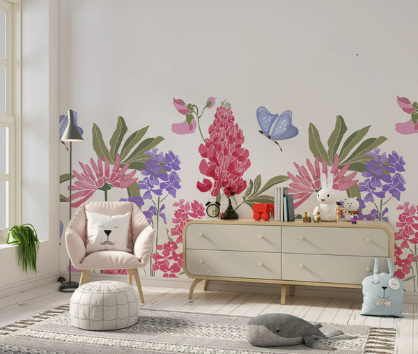 Spring Flowers Wallpaper, Seamless Pattern Mural, Oversized Custom Size Wall Art, Non-Woven, Non-Adhesive, Modern Wall Paper, Removable