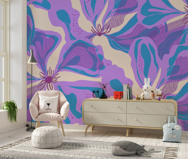 Abstract Purple Flowers Wallpaper, Seamless Pattern Mural, Oversized Custom Size Wall Art, Non-Woven, Non-Adhesive, Modern Wall Paper, Removable