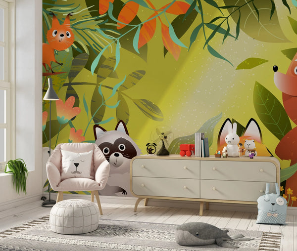 Forest Animals Wallpaper, Wild Woodland Mural, Oversized Custom Size Wall Art, Non-Woven, Non-Adhesive, Modern Wall Paper, Removable