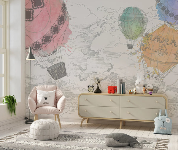 Colorful Air Balloons Wallpaper, White Background Mural, Oversized Custom Size Wall Art, Non-Woven, Non-Adhesive, Modern Wall Paper, Removable
