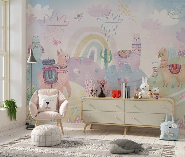 Colorful Wildlife Wallpaper, Clouds, Rainbow Mural, Oversized Custom Size Wall Art, Non-Woven, Non-Adhesive, Modern Wall Paper, Removable