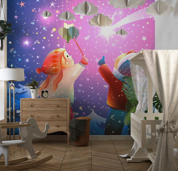 Magical Winter Forest Wallpaper, Children Mural, Oversized Custom Size Wall Art, Non-Woven, Non-Adhesive, Modern Wall Paper, Removable