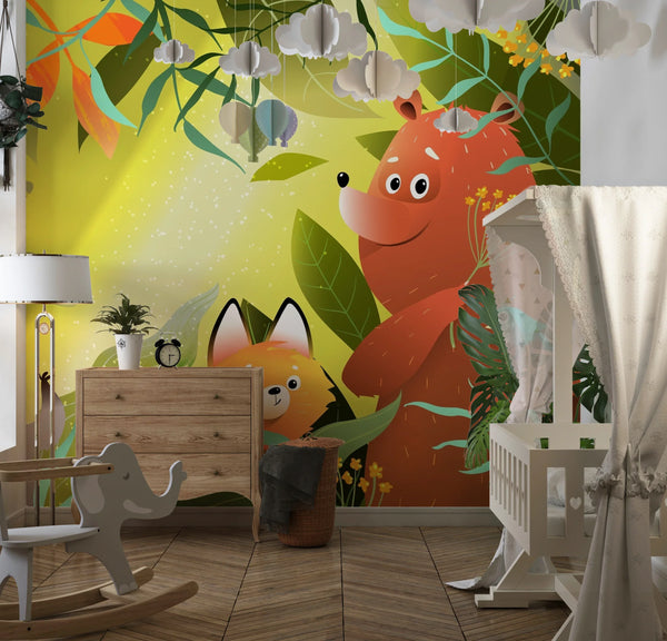 Forest Animals Wallpaper, Wild Woodland Mural, Oversized Custom Size Wall Art, Non-Woven, Non-Adhesive, Modern Wall Paper, Removable