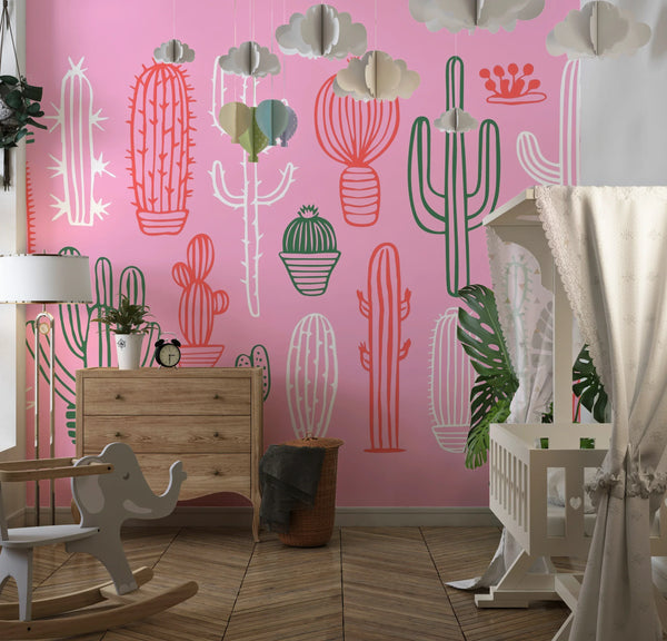 Hand Drawn Cactus Wallpaper, Pink Background Mural, Oversized Custom Size Wall Art, Non-Woven, Non-Adhesive, Modern Wall Paper, Removable