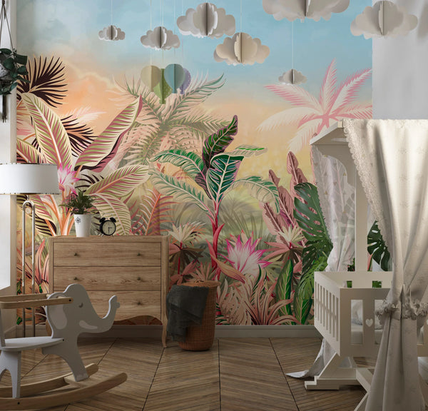 Tropical Forest Wallpaper, Leaves and Trees Mural, Oversized Custom Size Wall Art, Non-Woven, Non-Adhesive, Modern Wall Paper, Removable