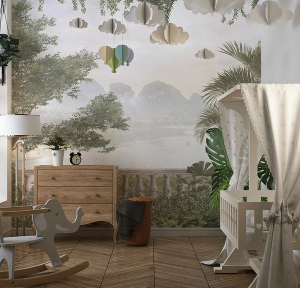 Foggy Forest Wallpaper, Tropical Leaves, Trees Mural, Oversized Custom Size Wall Art, Non-Woven, Non-Adhesive, Modern Wall Paper, Removable