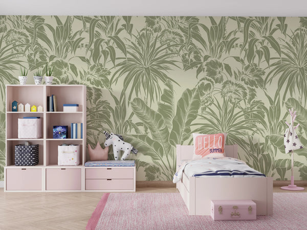 Botanic Plants Wallpaper, Green Mural, Oversized Custom Size Wall Art, Non-Woven, Non-Adhesive, Modern Wall Paper, Removable