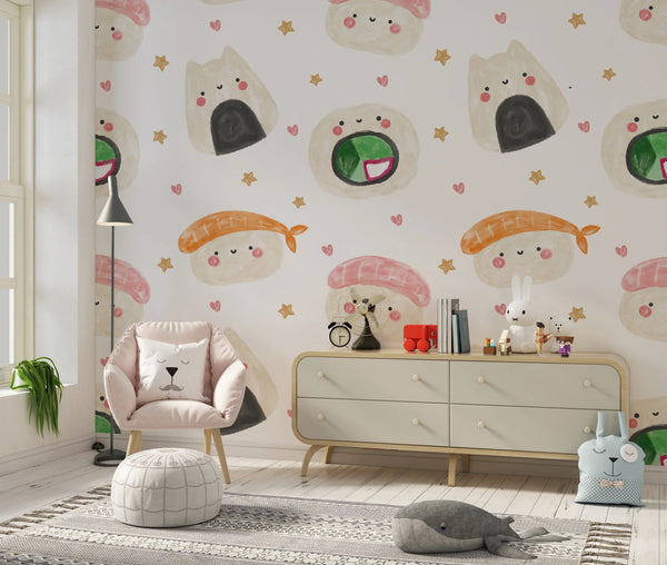 Sushi Kawaii Watercolor Food Wallpaper, Seamless Pattern Mural, Oversized Custom Size Wall Art, Non-Woven, Non-Adhesive, Modern Wall Paper, Removable