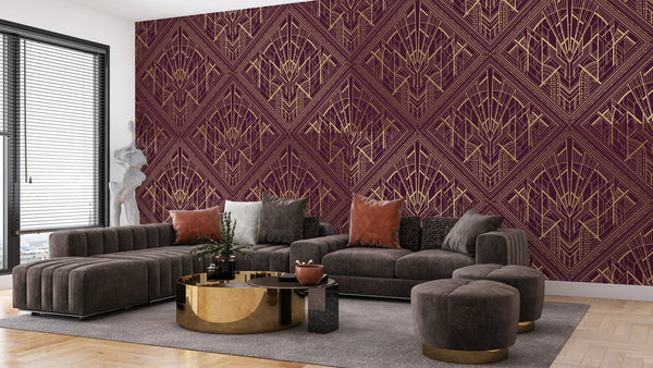 Gold Art Deco Wallpaper, Dark Red Background Mural, Oversized Custom Size Wall Art, Non - Woven, Non - Adhesive, Modern Wall Paper, Removable - Adawall Wallpaper - Registered Trade Accounts Only, Wallpaper Wholesale Account - W77804 - Adawall Wholesale - Wallpaper Wholesaler