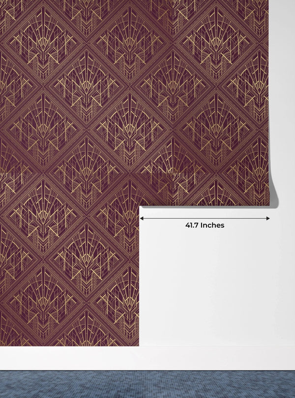 Gold Art Deco Wallpaper, Dark Red Background Mural, Oversized Custom Size Wall Art, Non - Woven, Non - Adhesive, Modern Wall Paper, Removable - Adawall Wallpaper - Registered Trade Accounts Only, Wallpaper Wholesale Account - W77804 - Adawall Wholesale - Wallpaper Wholesaler