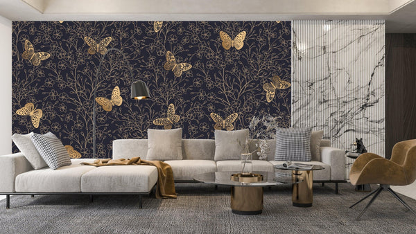 Gold Butterflies and Flowers Wallpaper, Black Background Mural, Oversized Custom Size Wall Art, Non - Woven, Non - Adhesive, Modern Wall Paper, Removable - Adawall Wallpaper - Registered Trade Accounts Only, Wallpaper Wholesale Account - W77807 - Adawall Wholesale - Wallpaper Wholesaler