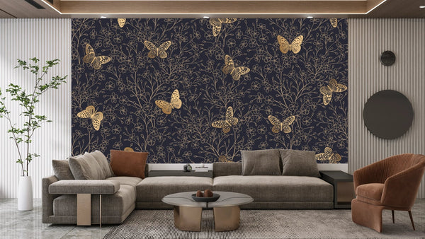 Gold Butterflies and Flowers Wallpaper, Black Background Mural, Oversized Custom Size Wall Art, Non - Woven, Non - Adhesive, Modern Wall Paper, Removable - Adawall Wallpaper - Registered Trade Accounts Only, Wallpaper Wholesale Account - W77807 - Adawall Wholesale - Wallpaper Wholesaler