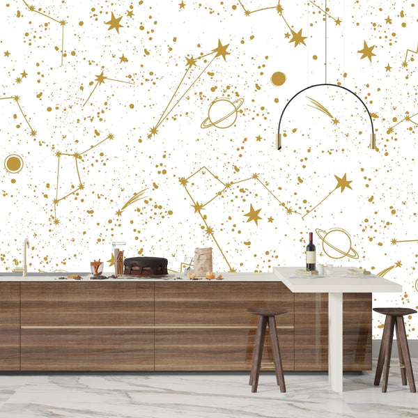 Golden Constellation Wallpaper, White Background Mural, Oversized Custom Size Wall Art, Non - Woven, Non - Adhesive, Modern Wall Paper, Removable - Adawall Wallpaper - Registered Trade Accounts Only, Wallpaper Wholesale Account - W77798 - Adawall Wholesale - Wallpaper Wholesaler