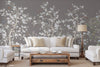 Gray Chinoiserie Floral Wall Mural, Birds Tree Flowers Wallpaper, Custom Size Wall Covering, Non-Woven, Non-Adhesive, Removable, Washable - Walloro High End Wallcoverings & More